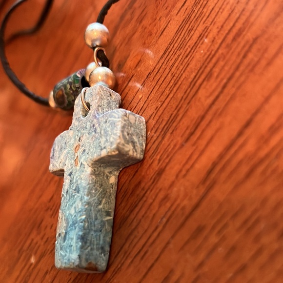 Beautiful boho style necklace with chunky blue stone cross on a leather cord. - Picture 14 of 16